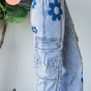 Oli & Hali Light Blue Floral Embroidered Straight-Leg Jeans